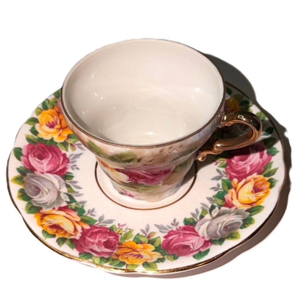 Vintage Floral Porcelain Teacup and Saucer - Pink & Yellow Roses